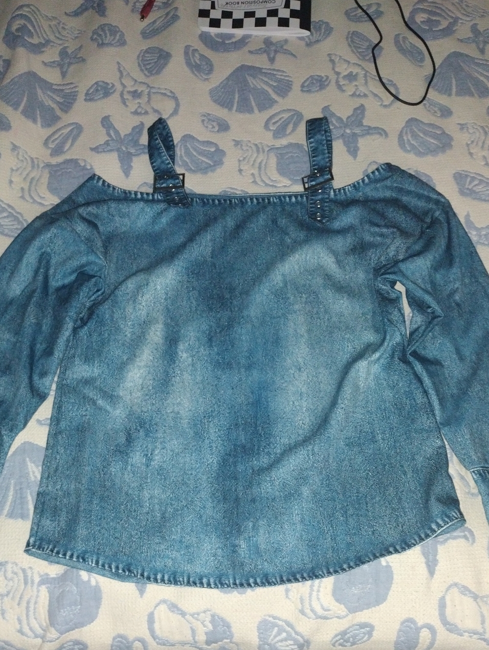 Denim Off-Shoulder Long Sleeve Top with Straps